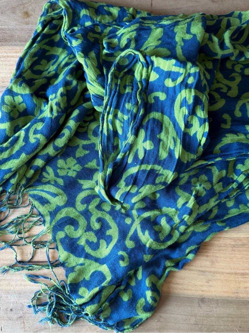 Blue and Lime Green Patterned Fringe Scarf
